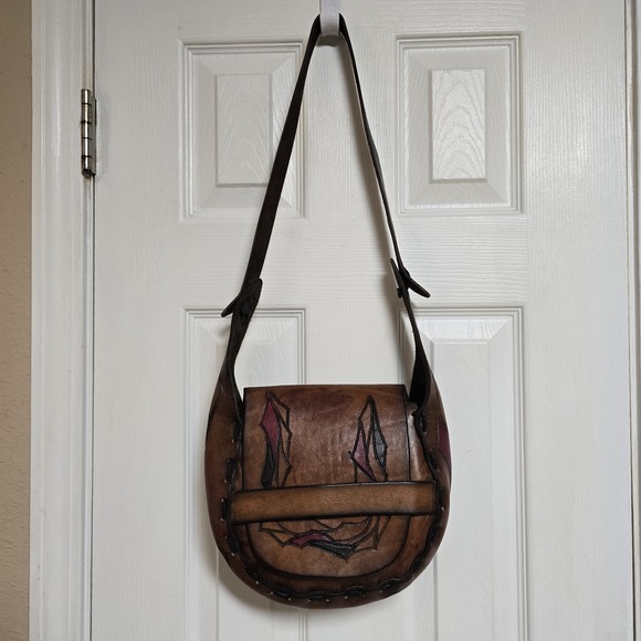 Handmade Tooled Leather Crossbody Saddle Bag Purse Brown Western Boho - Picture 3 of 13